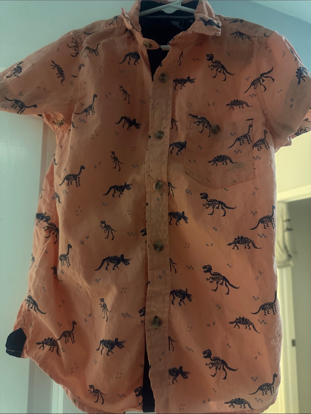 Kids Short-Sleeve Orange Dinosaur Print Button-Down Shirt